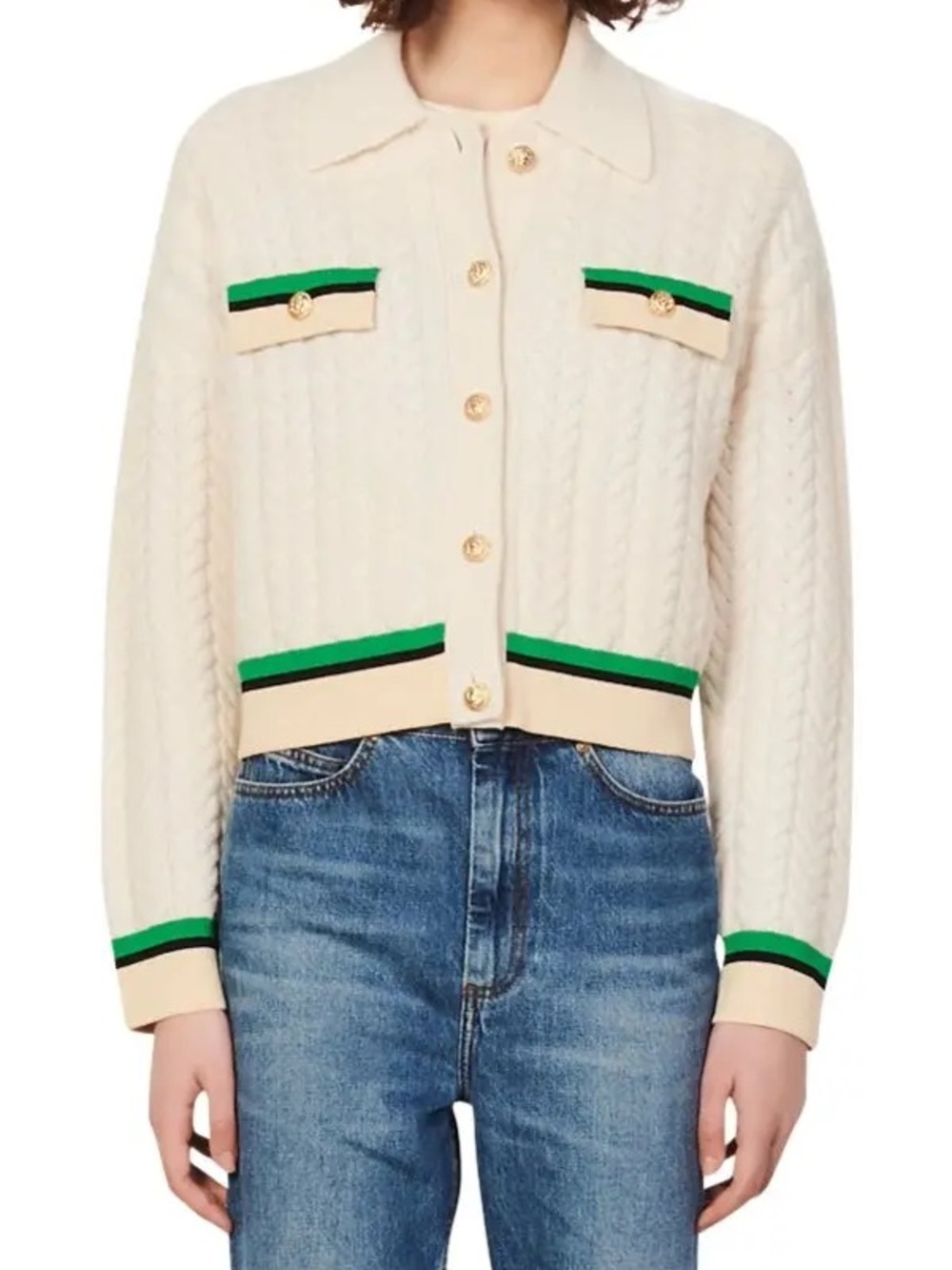 Sandro Cream Cable-Knit Cropped Jacket with Green Trim and Gold Buttons - Picture 3 of 3